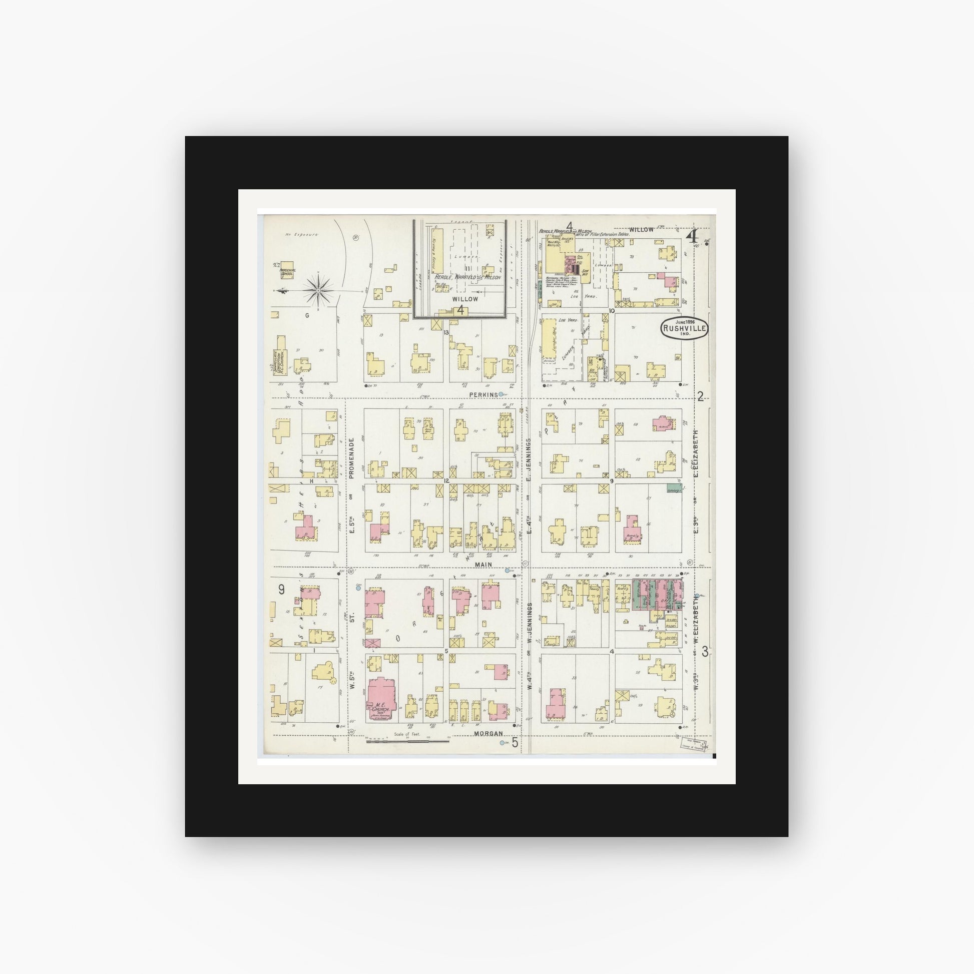 Old map wall art mockup — black gallery frame with white mat — Sanborn Fire Insurance Map from Rushville, Rush County, Indiana (1896), Sheet #0004