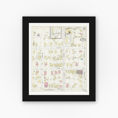 Old map wall art mockup — black gallery frame with white mat — Sanborn Fire Insurance Map from Rushville, Rush County, Indiana (1896), Sheet #0004