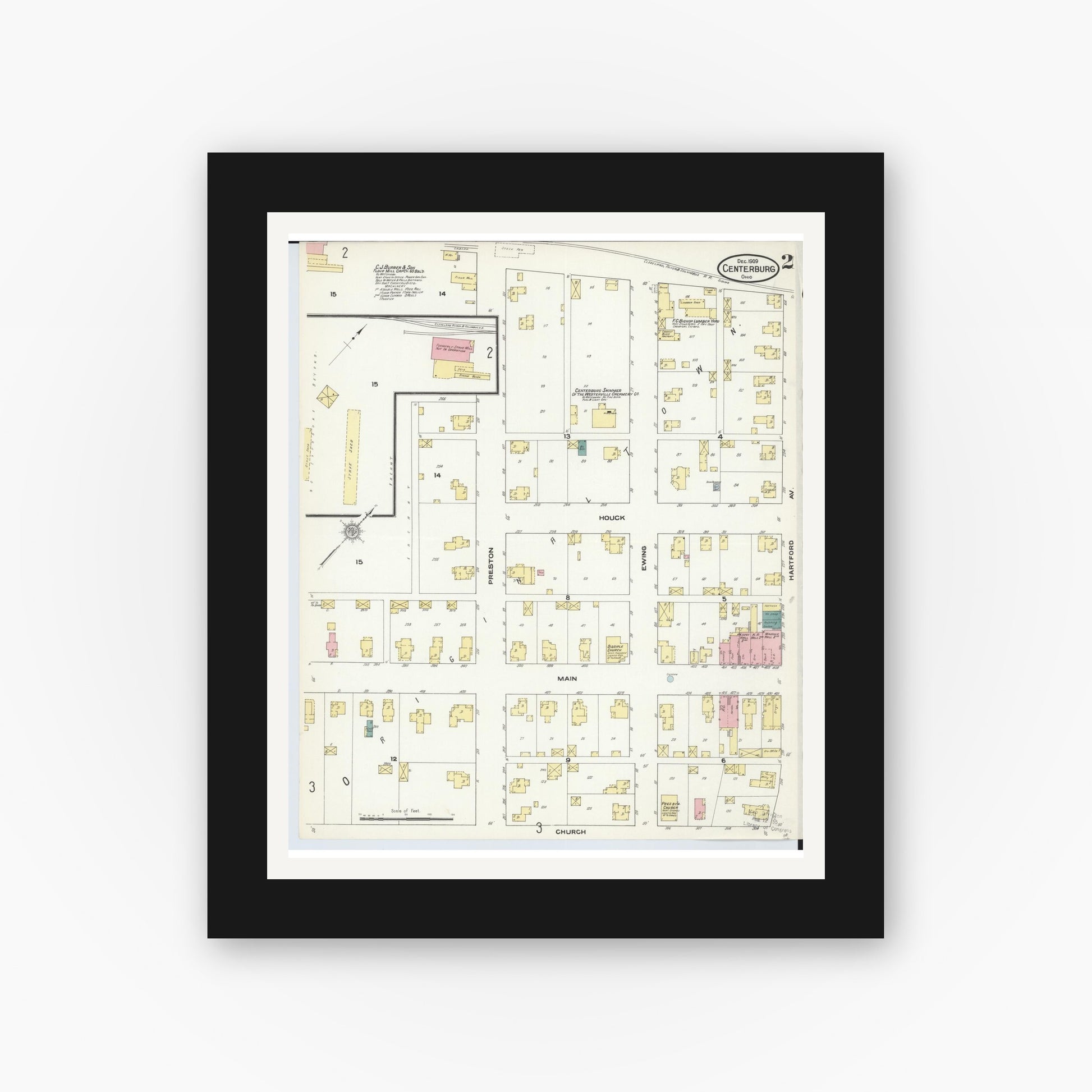 Old map wall art mockup — black gallery frame with white mat — Sanborn Fire Insurance Map from Centerburg, Knox County, Ohio (1909), Sheet #0002