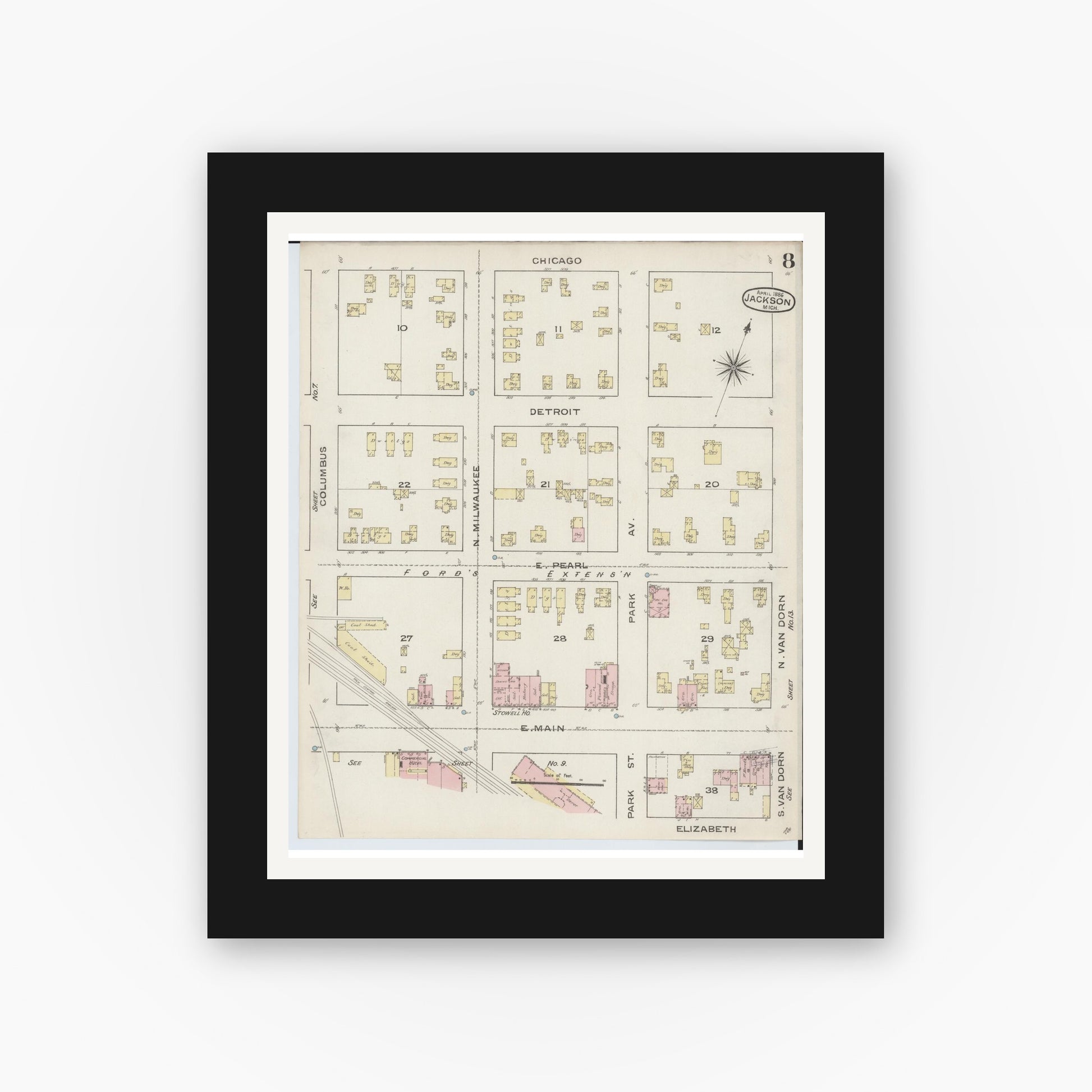 Old map wall art mockup — black gallery frame with white mat — Sanborn Fire Insurance Map from Jackson, Jackson County, Michigan (1886), Sheet #0008