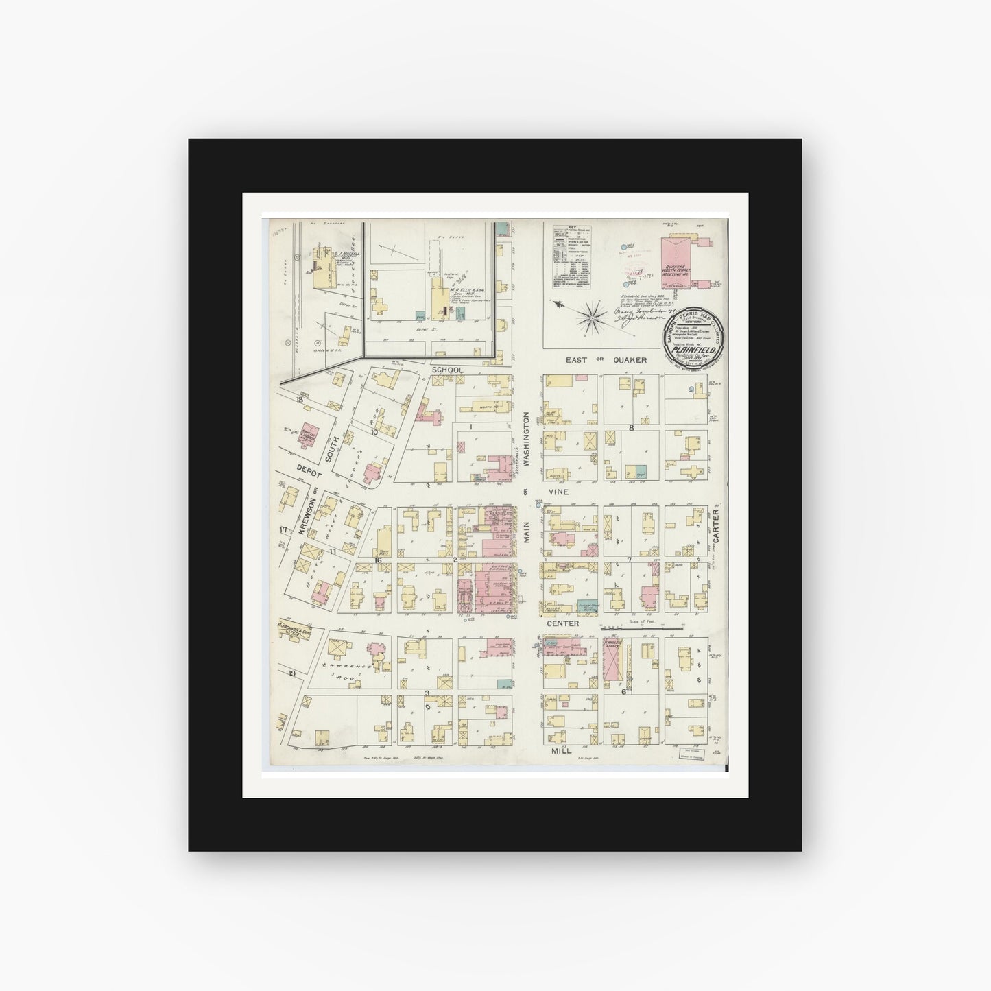 Old map wall art mockup — black gallery frame with white mat — Sanborn Fire Insurance Map from Plainfield, Hendricks County, Indiana (1893), Sheet #0001