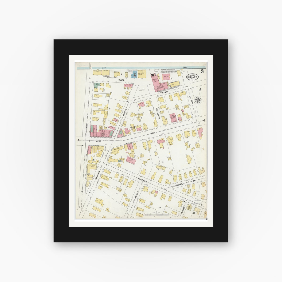 Old map wall art mockup — black gallery frame with white mat — Sanborn Fire Insurance Map from Mohawk, Herkimer County, New York (1902), Sheet #0003