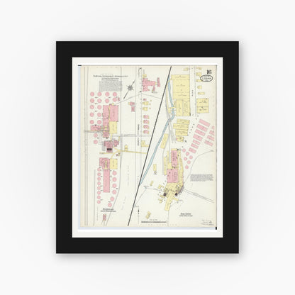 Old map wall art mockup — black gallery frame with white mat — Sanborn Fire Insurance Map from Logan, Hocking County, Ohio (1914), Sheet #0016