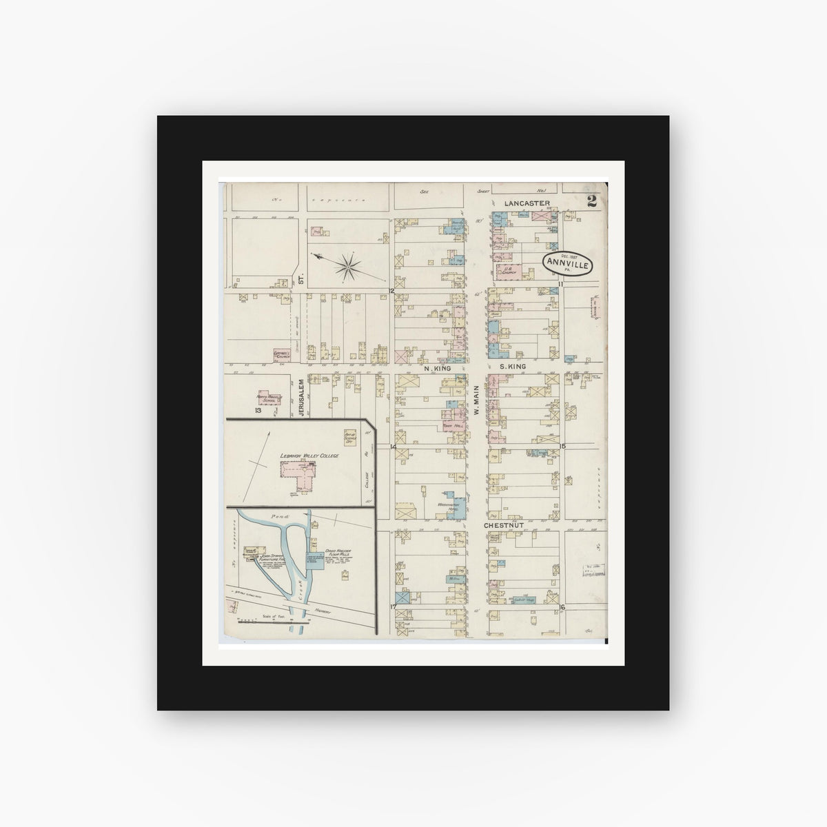 Old map wall art mockup — black gallery frame with white mat — Sanborn Fire Insurance Map from Annville, Lebanon County, Pennsylvania (1887), Sheet #0002