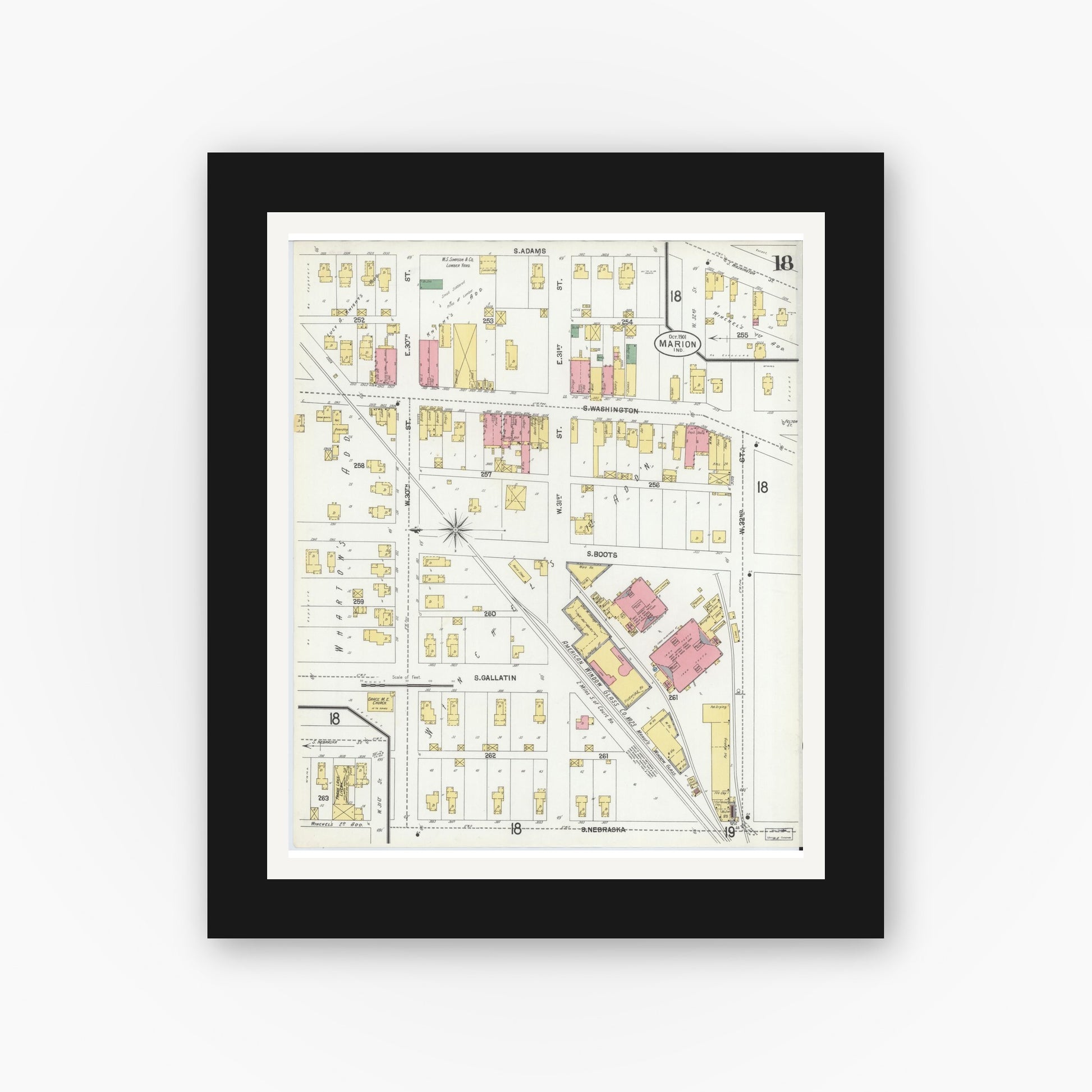Old map wall art mockup — black gallery frame with white mat — Sanborn Fire Insurance Map from Marion, Grant County, Indiana (1901), Sheet #0018