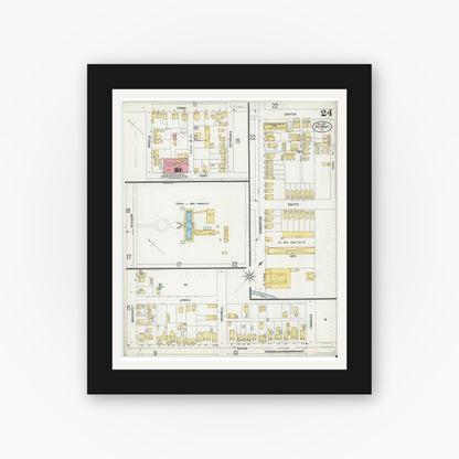 Old map wall art mockup — black gallery frame with white mat — Sanborn Fire Insurance Map from Key West, Monroe County, Florida (1899), Sheet #0024
