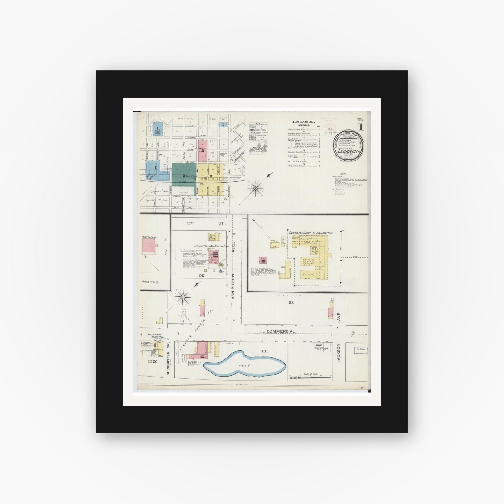 Old map wall art mockup — black gallery frame with white mat — Sanborn Fire Insurance Map from Lebanon, Laclede County, Missouri (1893), Sheet #0001