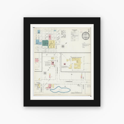 Old map wall art mockup — black gallery frame with white mat — Sanborn Fire Insurance Map from Lebanon, Laclede County, Missouri (1893), Sheet #0001