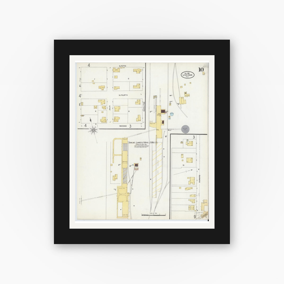 Old map wall art mockup — black gallery frame with white mat — Sanborn Fire Insurance Map from Live Oak, Suwanee County, Florida (1906), Sheet #0010