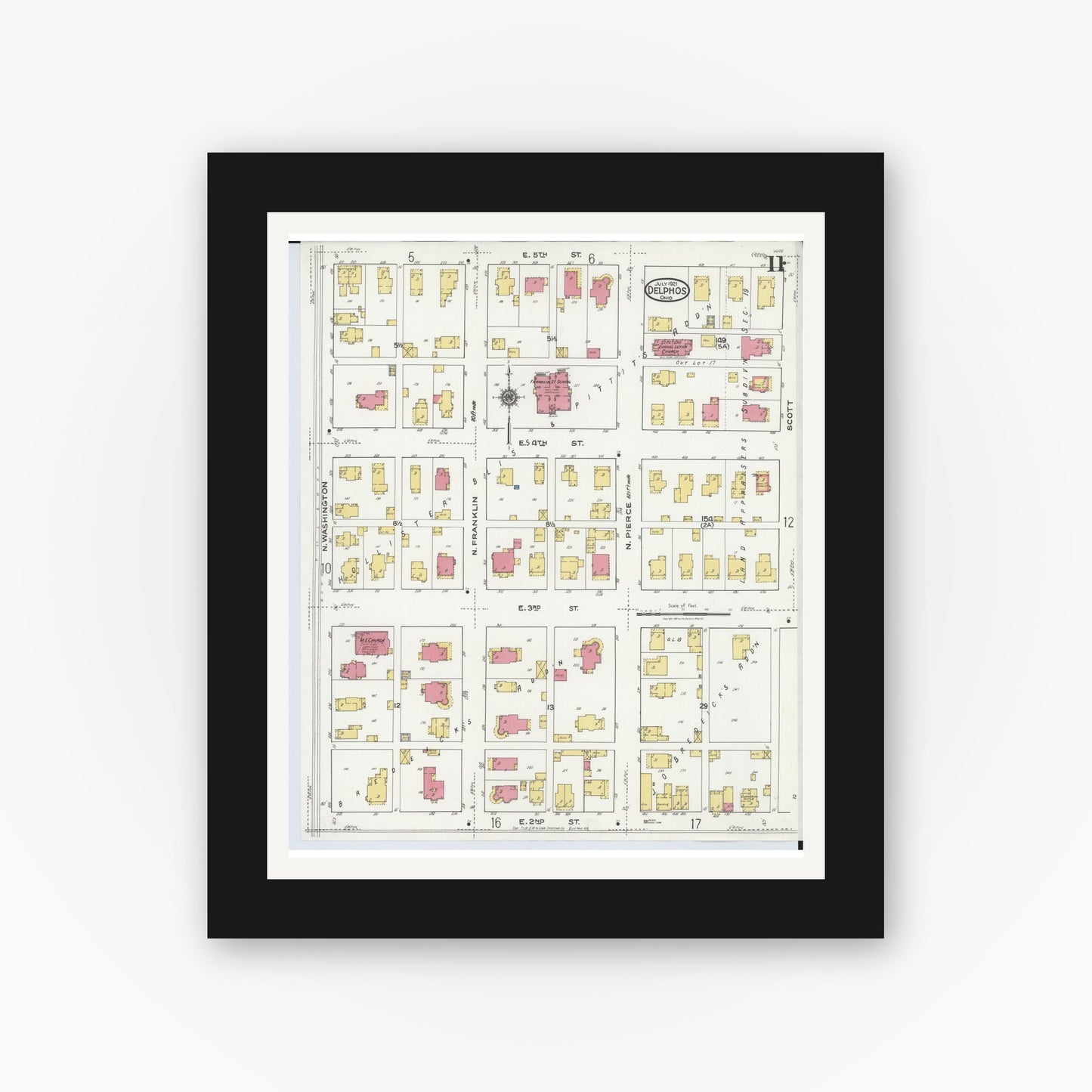 Old map wall art mockup — black gallery frame with white mat — Sanborn Fire Insurance Map from Delphos, Van Wert And Allen Counties, Ohio (1921), Sheet #0011