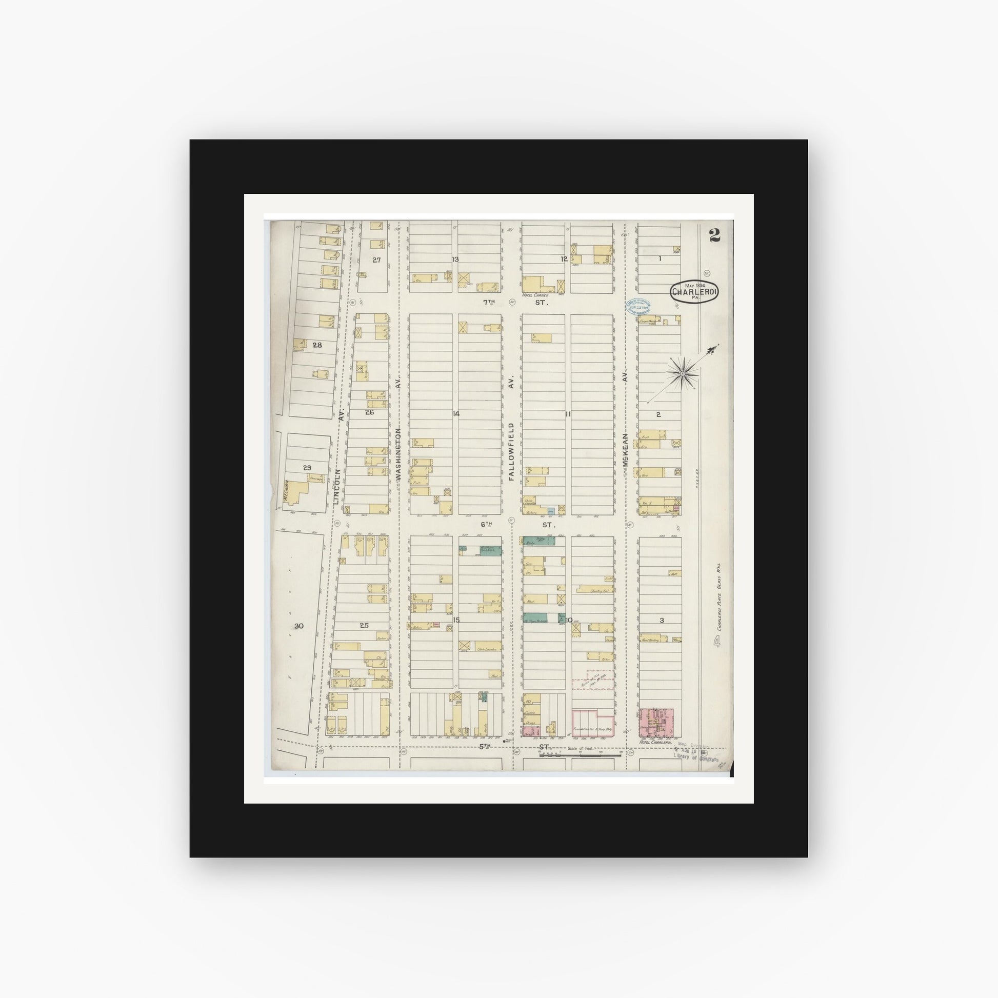 Old map wall art mockup — black gallery frame with white mat — Sanborn Fire Insurance Map from Charleroi, Washington County, Pennsylvania (1894), Sheet #0002