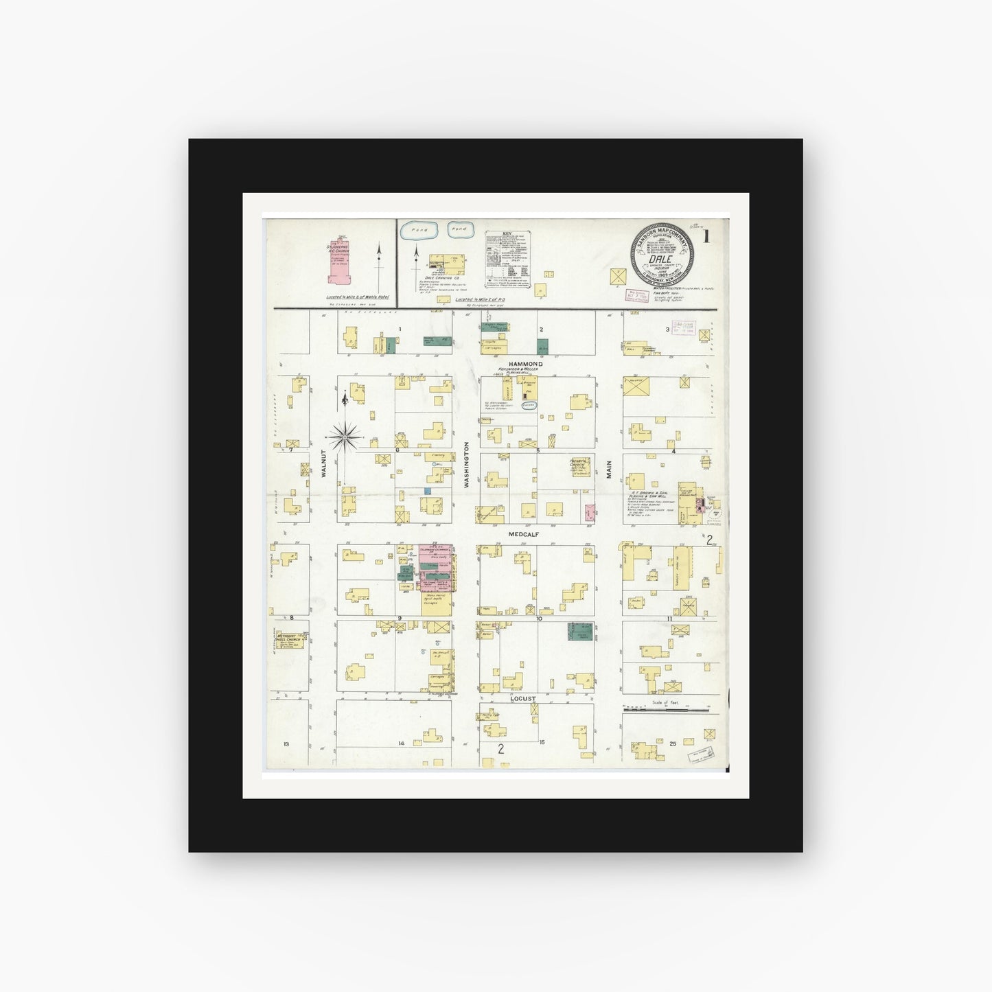 Old map wall art mockup — black gallery frame with white mat — Sanborn Fire Insurance Map from Dale, Spencer County, Indiana (1909) - Complete Map Set