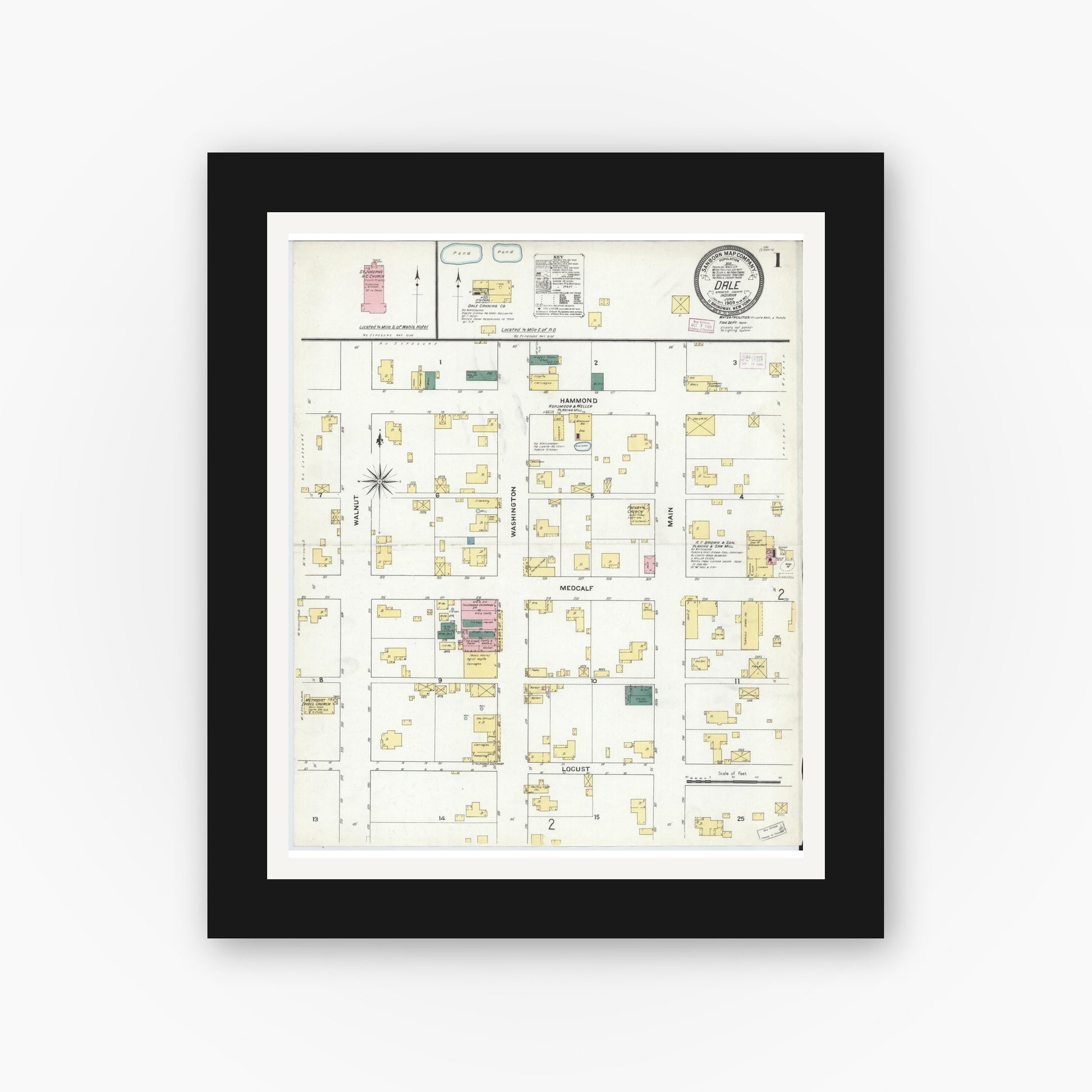 Old map wall art mockup — black gallery frame with white mat — Sanborn Fire Insurance Map from Dale, Spencer County, Indiana (1909) - Complete Map Set