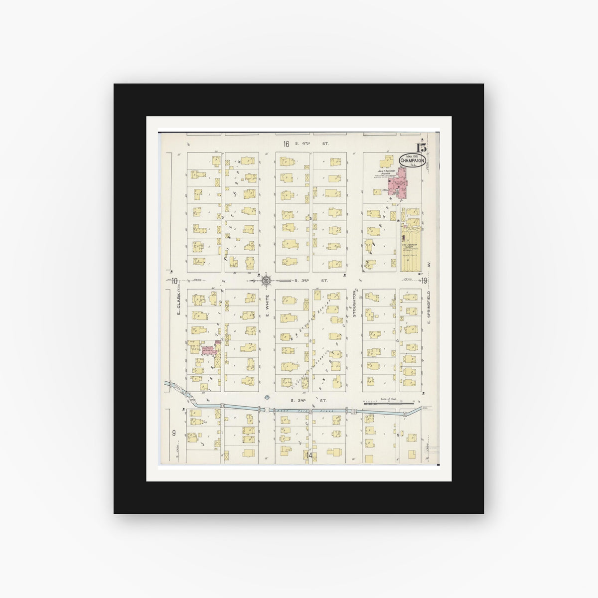 Old map wall art mockup — black gallery frame with white mat — Sanborn Fire Insurance Map from Champaign, Champaign County, Illinois (1915), Sheet #0015