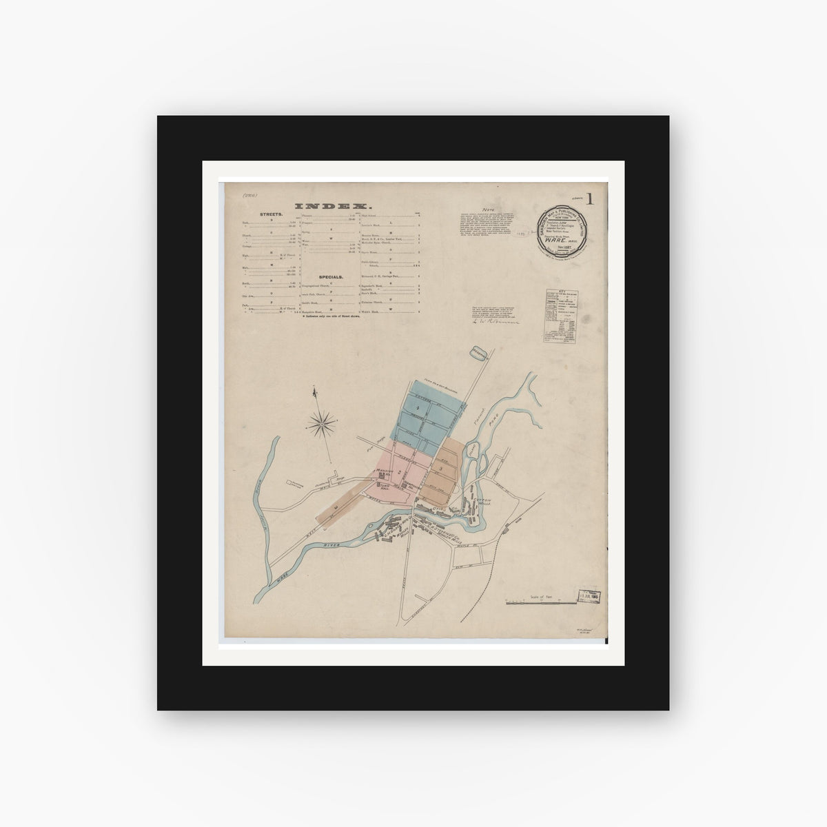 Old map wall art mockup — black gallery frame with white mat — Sanborn Fire Insurance Map from Ware, Hampshire County, Massachusetts (1887), Sheet #0001