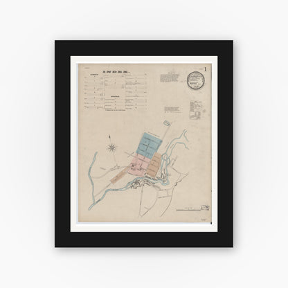 Old map wall art mockup — black gallery frame with white mat — Sanborn Fire Insurance Map from Ware, Hampshire County, Massachusetts (1887), Sheet #0001