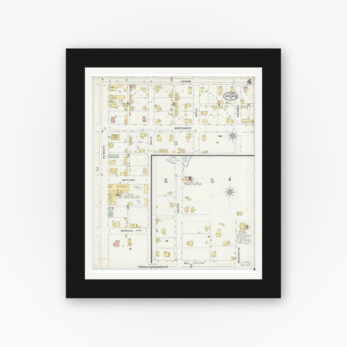 Old map wall art mockup — black gallery frame with white mat — Sanborn Fire Insurance Map from Bremen, Marshall County, Indiana (1898), Sheet #0004