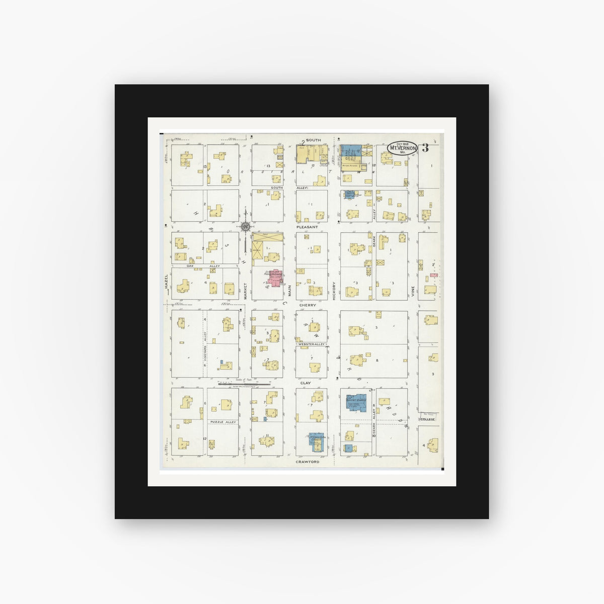 Old map wall art mockup — black gallery frame with white mat — Sanborn Fire Insurance Map from Mount Vernon, Lawrence County, Missouri (1918), Sheet #0003