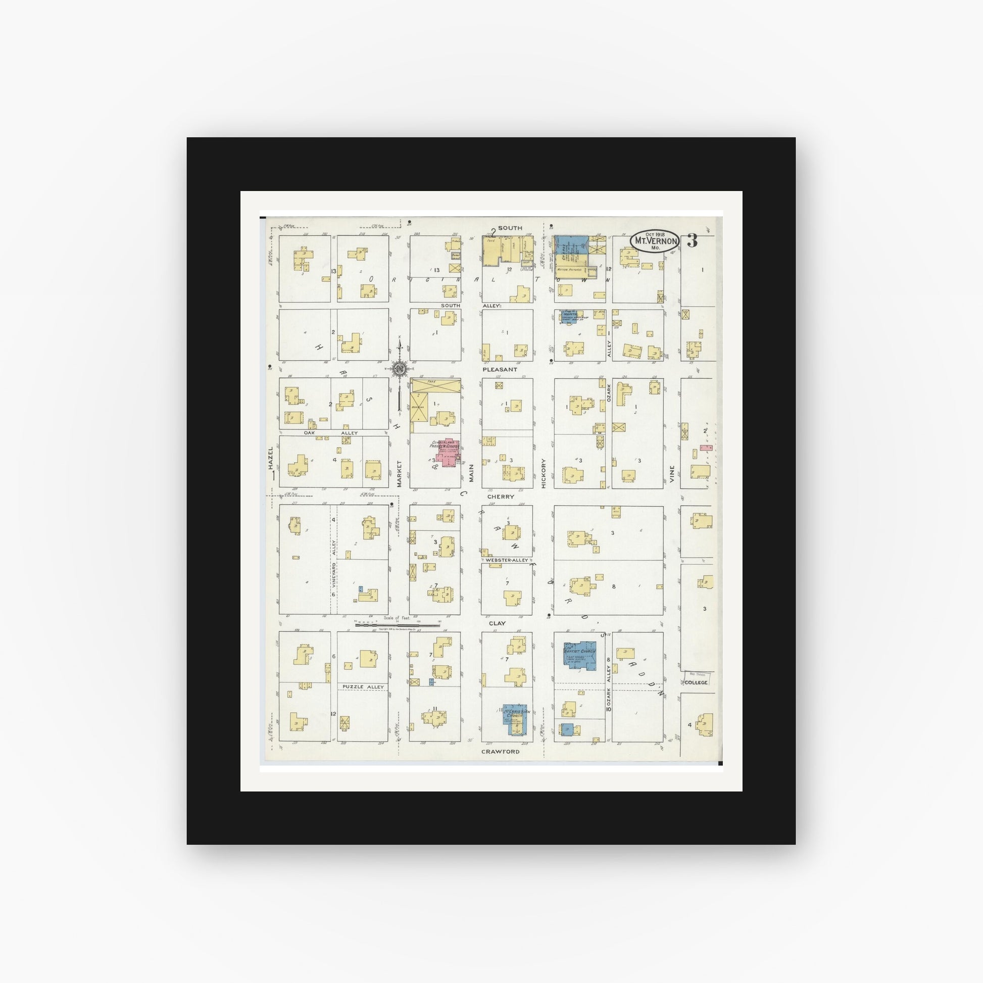 Old map wall art mockup — black gallery frame with white mat — Sanborn Fire Insurance Map from Mount Vernon, Lawrence County, Missouri (1918), Sheet #0003