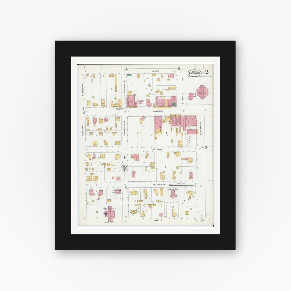 Old map wall art mockup — black gallery frame with white mat — Sanborn Fire Insurance Map from Nashville, Washington County, Illinois (1906), Sheet #0002
