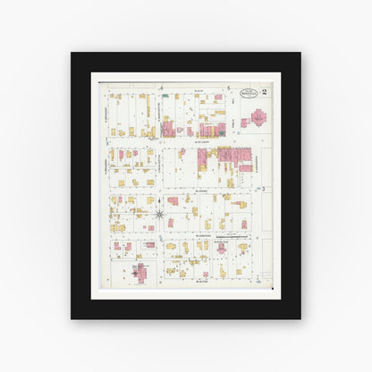 Old map wall art mockup — black gallery frame with white mat — Sanborn Fire Insurance Map from Nashville, Washington County, Illinois (1906), Sheet #0002