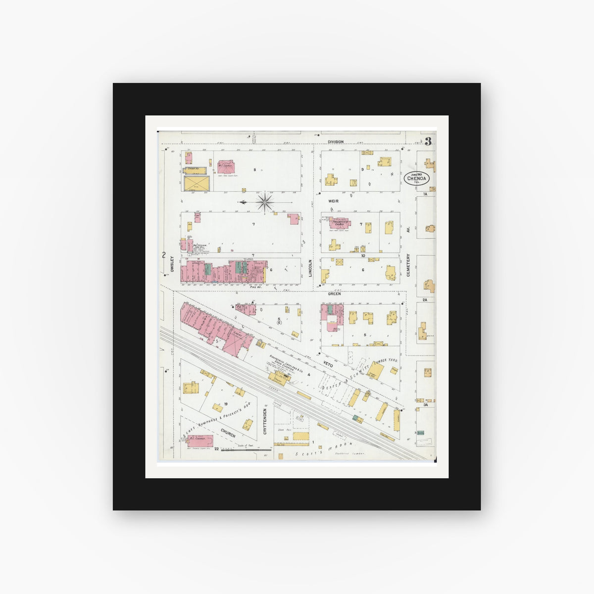 Old map wall art mockup — black gallery frame with white mat — Sanborn Fire Insurance Map from Chenoa, McLean County, Illinois (1901), Sheet #0003