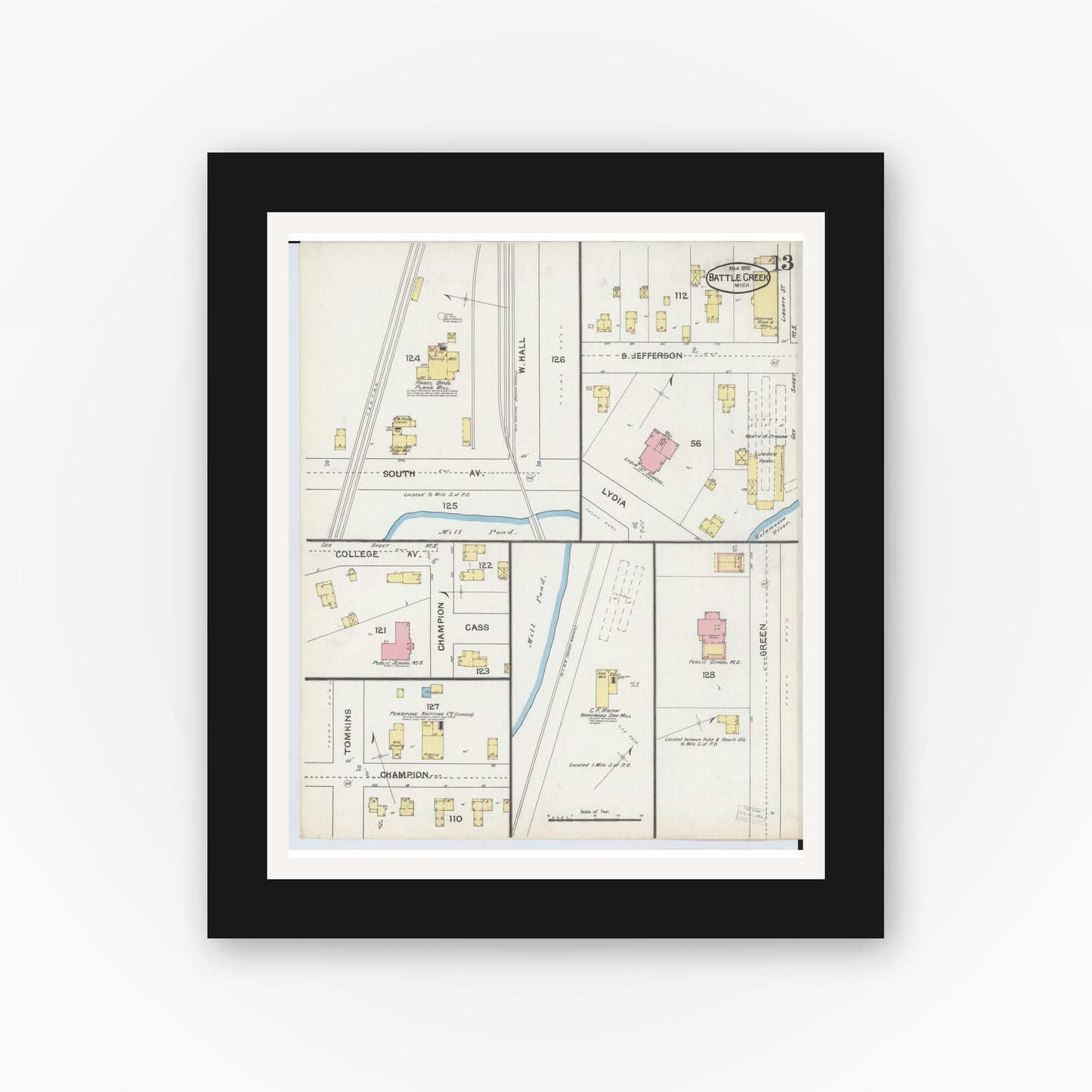 Old map wall art mockup — black gallery frame with white mat — Sanborn Fire Insurance Map from Battle Creek, Calhoun County, Michigan (1892), Sheet #0013