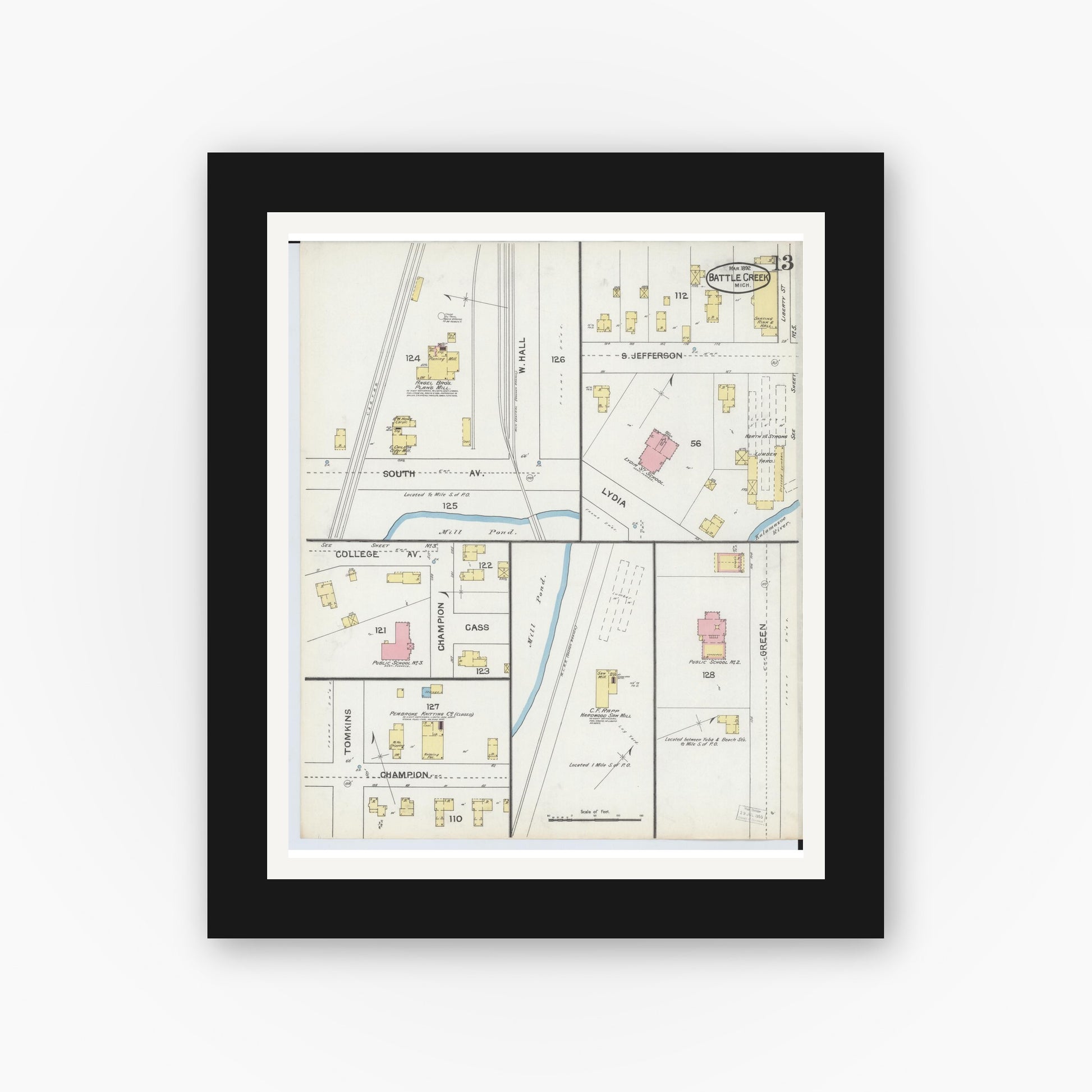 Old map wall art mockup — black gallery frame with white mat — Sanborn Fire Insurance Map from Battle Creek, Calhoun County, Michigan (1892), Sheet #0013