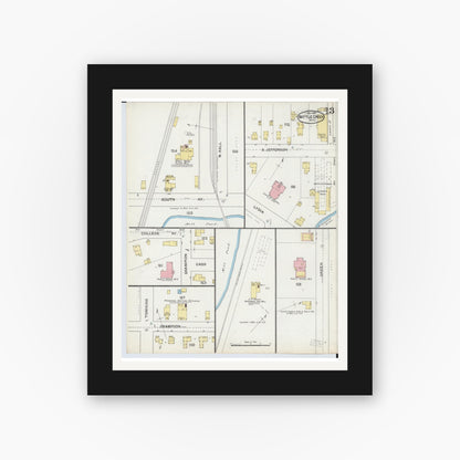Old map wall art mockup — black gallery frame with white mat — Sanborn Fire Insurance Map from Battle Creek, Calhoun County, Michigan (1892), Sheet #0013