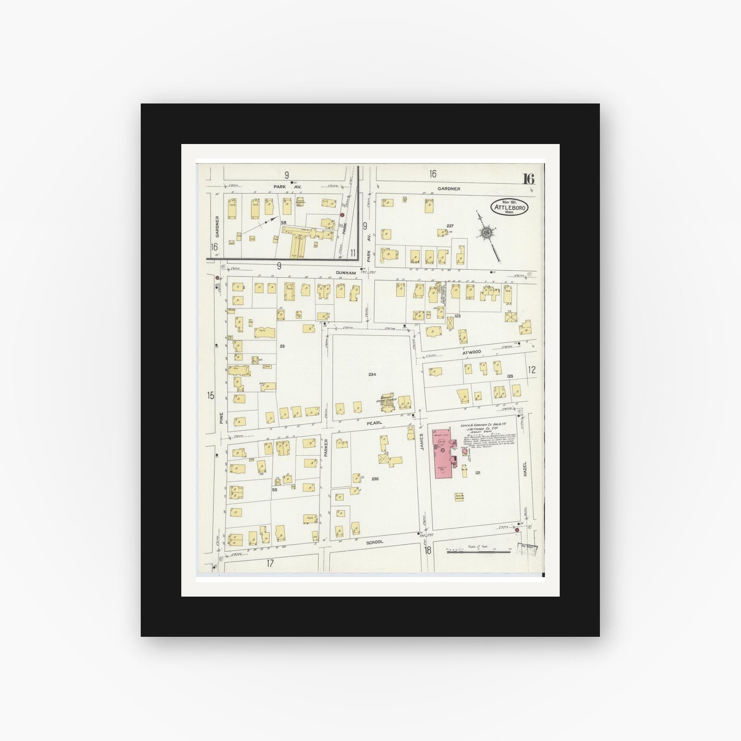 Old map wall art mockup — black gallery frame with white mat — Sanborn Fire Insurance Map from Attleboro, Bristol County, Massachusetts (1911), Sheet #0016