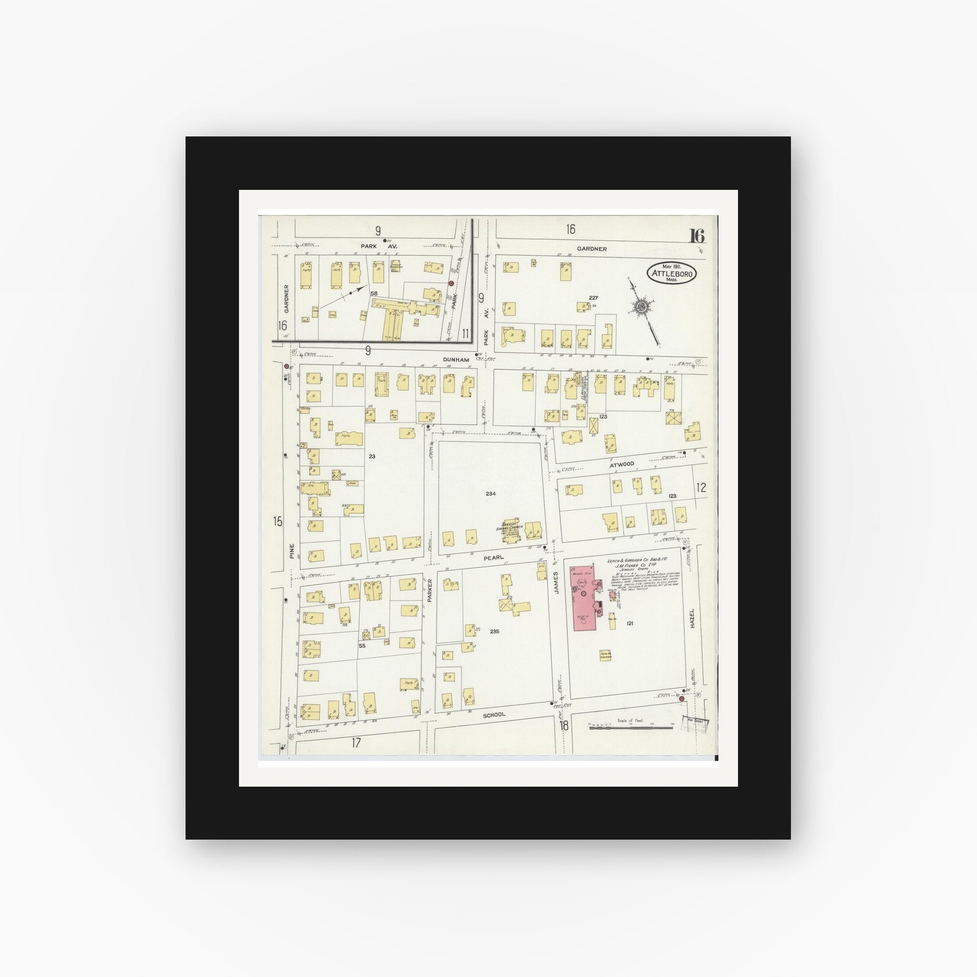 Old map wall art mockup — black gallery frame with white mat — Sanborn Fire Insurance Map from Attleboro, Bristol County, Massachusetts (1911), Sheet #0016