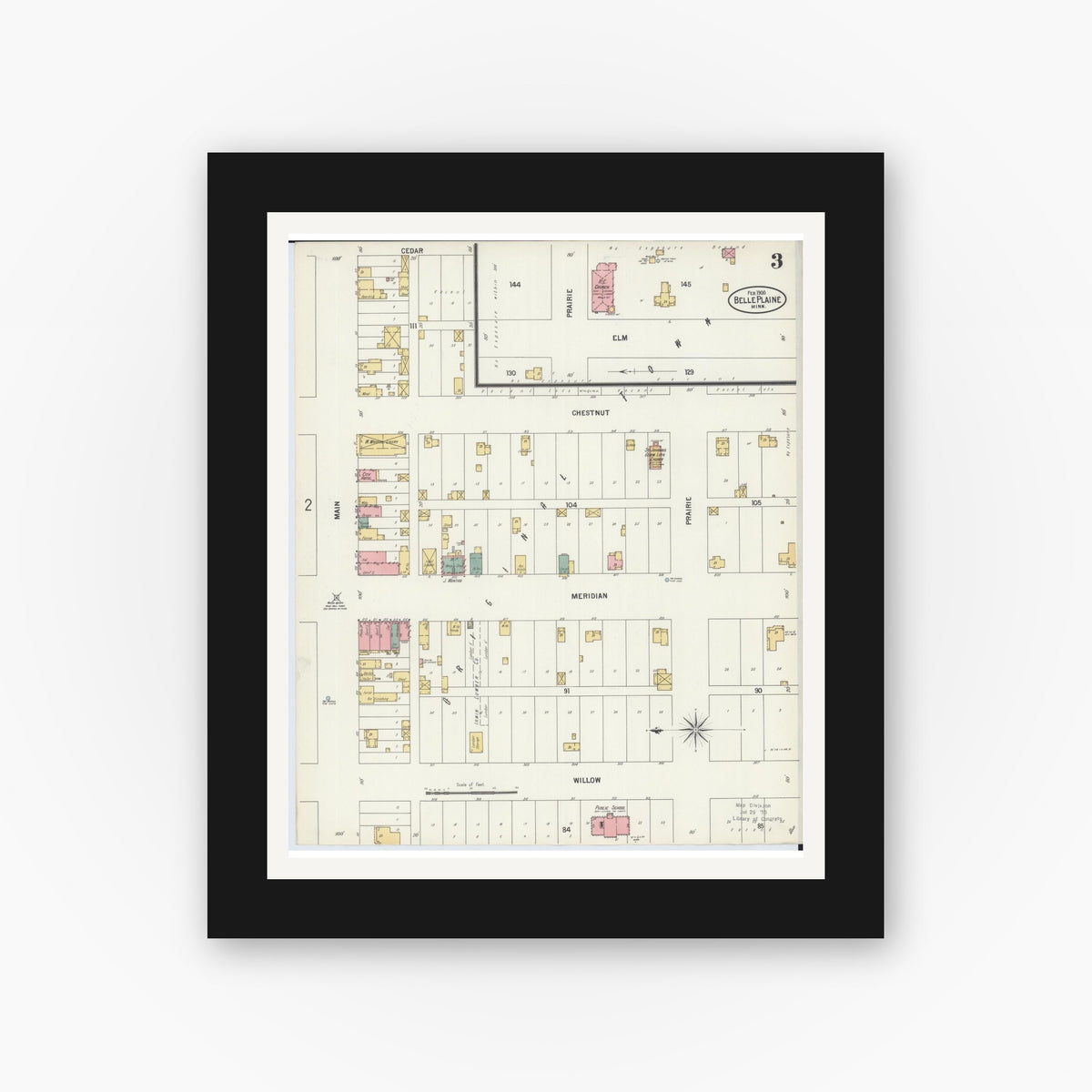 Old map wall art mockup — black gallery frame with white mat — Sanborn Fire Insurance Map from Belle Plaine, Scott County, Minnesota (1900), Sheet #0003