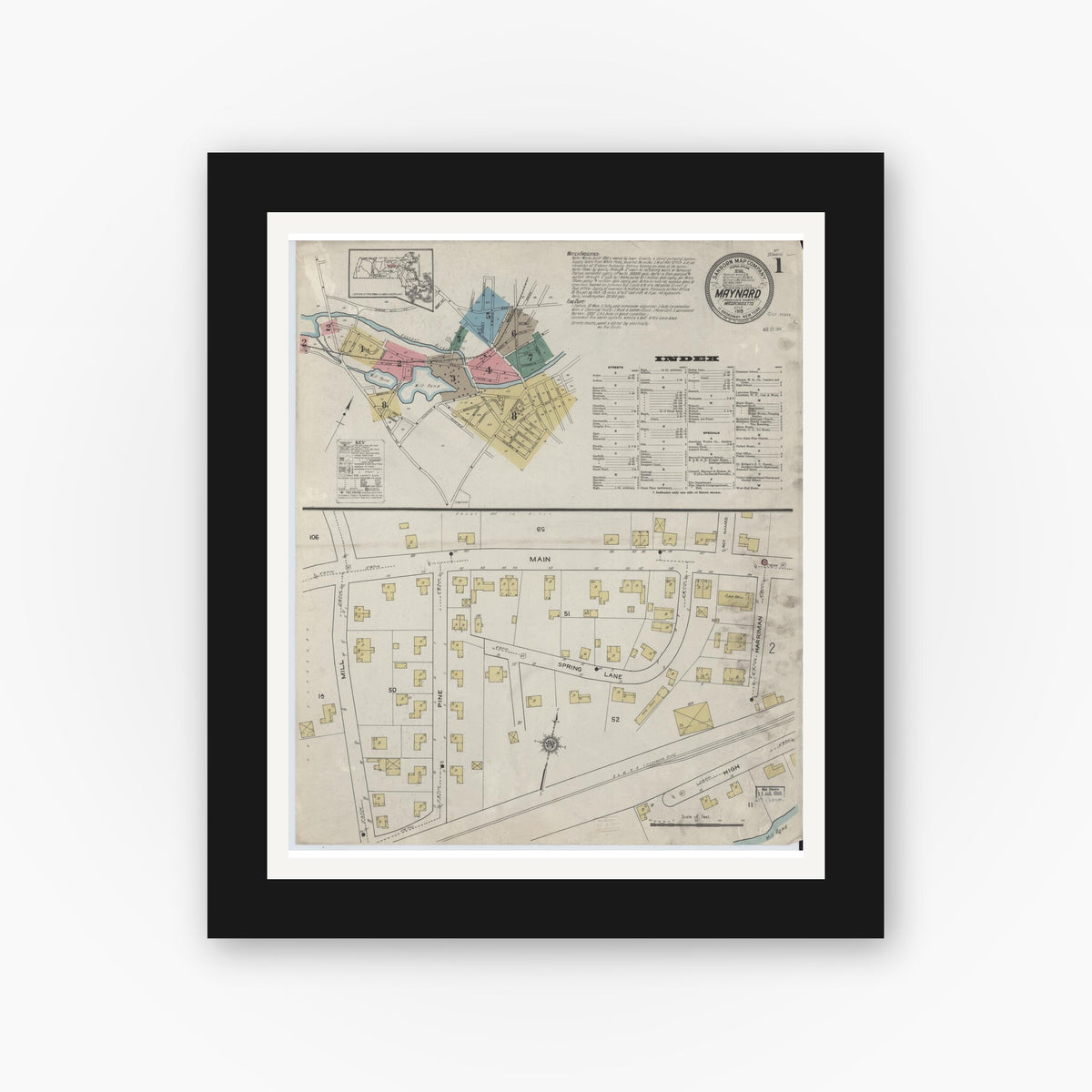 Old map wall art mockup — black gallery frame with white mat — Sanborn Fire Insurance Map from Maynard, Middlesex County, Massachusetts (1915), Sheet #0001