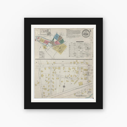 Old map wall art mockup — black gallery frame with white mat — Sanborn Fire Insurance Map from Maynard, Middlesex County, Massachusetts (1915), Sheet #0001
