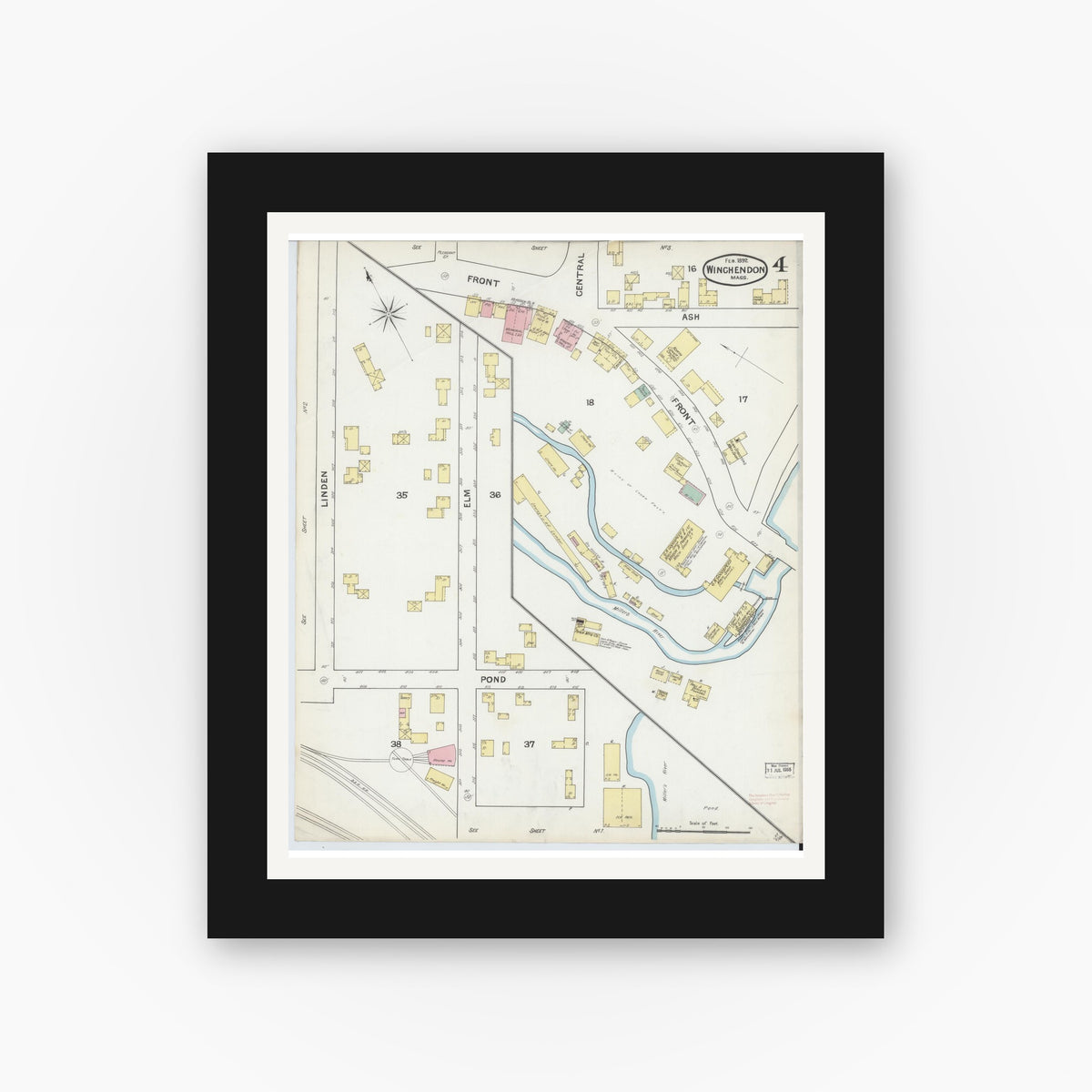 Old map wall art mockup — black gallery frame with white mat — Sanborn Fire Insurance Map from Winchendon, Worcester County, Massachusetts (1892), Sheet #0004