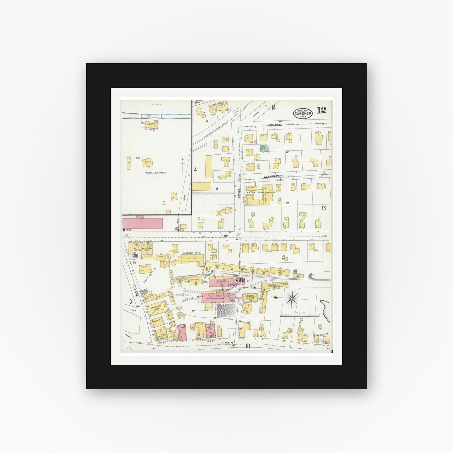 Old map wall art mockup — black gallery frame with white mat — Sanborn Fire Insurance Map from Gardner, Worcester County, Massachusetts (1905), Sheet #0012