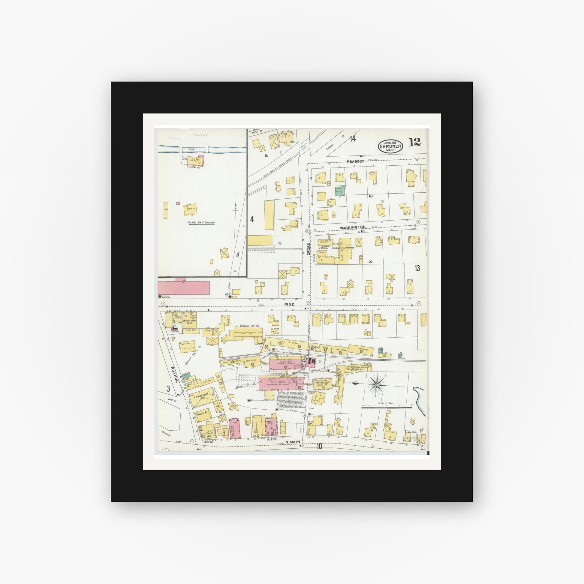 Old map wall art mockup — black gallery frame with white mat — Sanborn Fire Insurance Map from Gardner, Worcester County, Massachusetts (1905), Sheet #0012