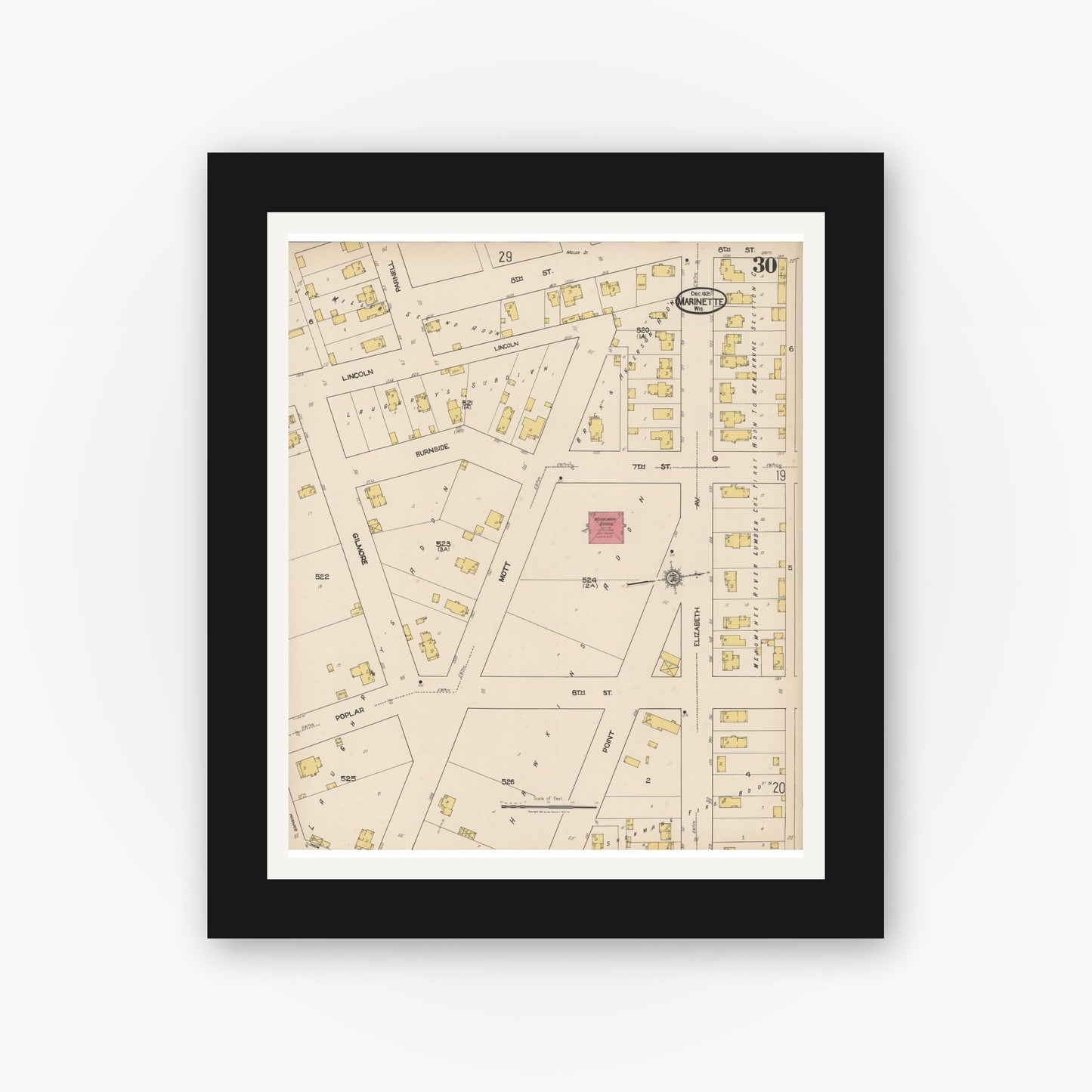 Old map wall art mockup — black gallery frame with white mat — Sanborn Fire Insurance Map from Marinette, Marinette County, Wisconsin (1921), Sheet #0030