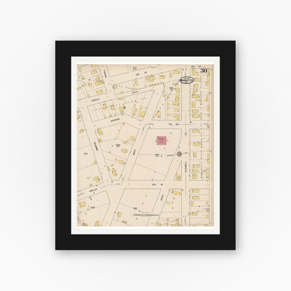 Old map wall art mockup — black gallery frame with white mat — Sanborn Fire Insurance Map from Marinette, Marinette County, Wisconsin (1921), Sheet #0030