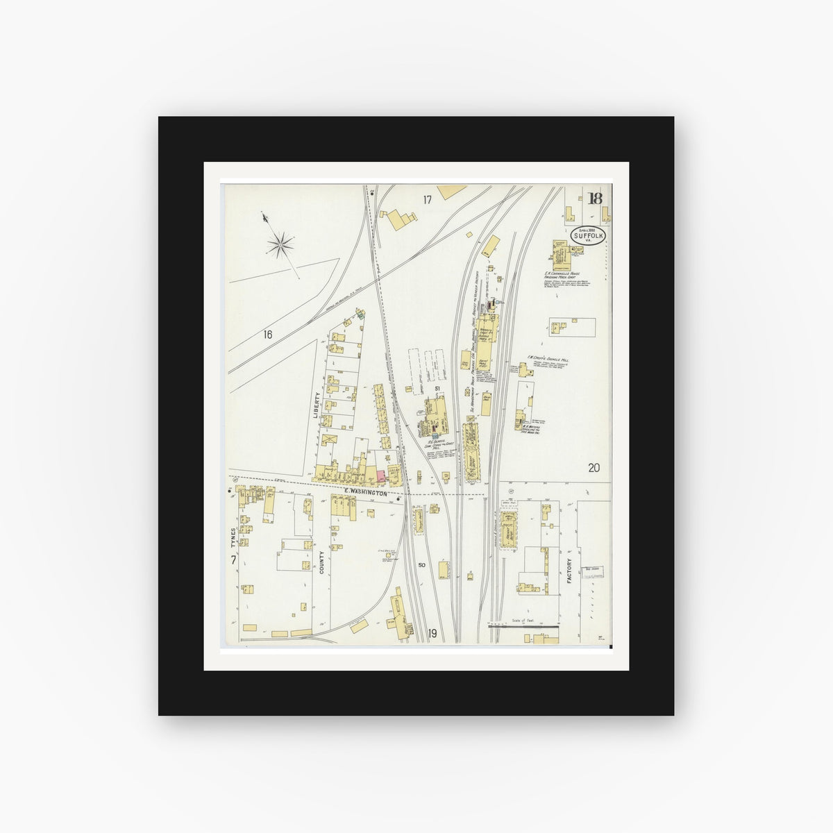 Old map wall art mockup — black gallery frame with white mat — Sanborn Fire Insurance Map from Suffolk, Independent Cities, Virginia (1898), Sheet #0018