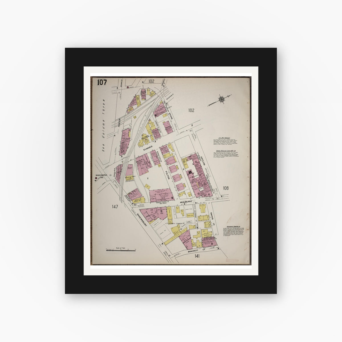 Old map wall art mockup — black gallery frame with white mat — Sanborn Fire Insurance Map from Worcester, Worcester County, Massachusetts (1910), Sheet #0107