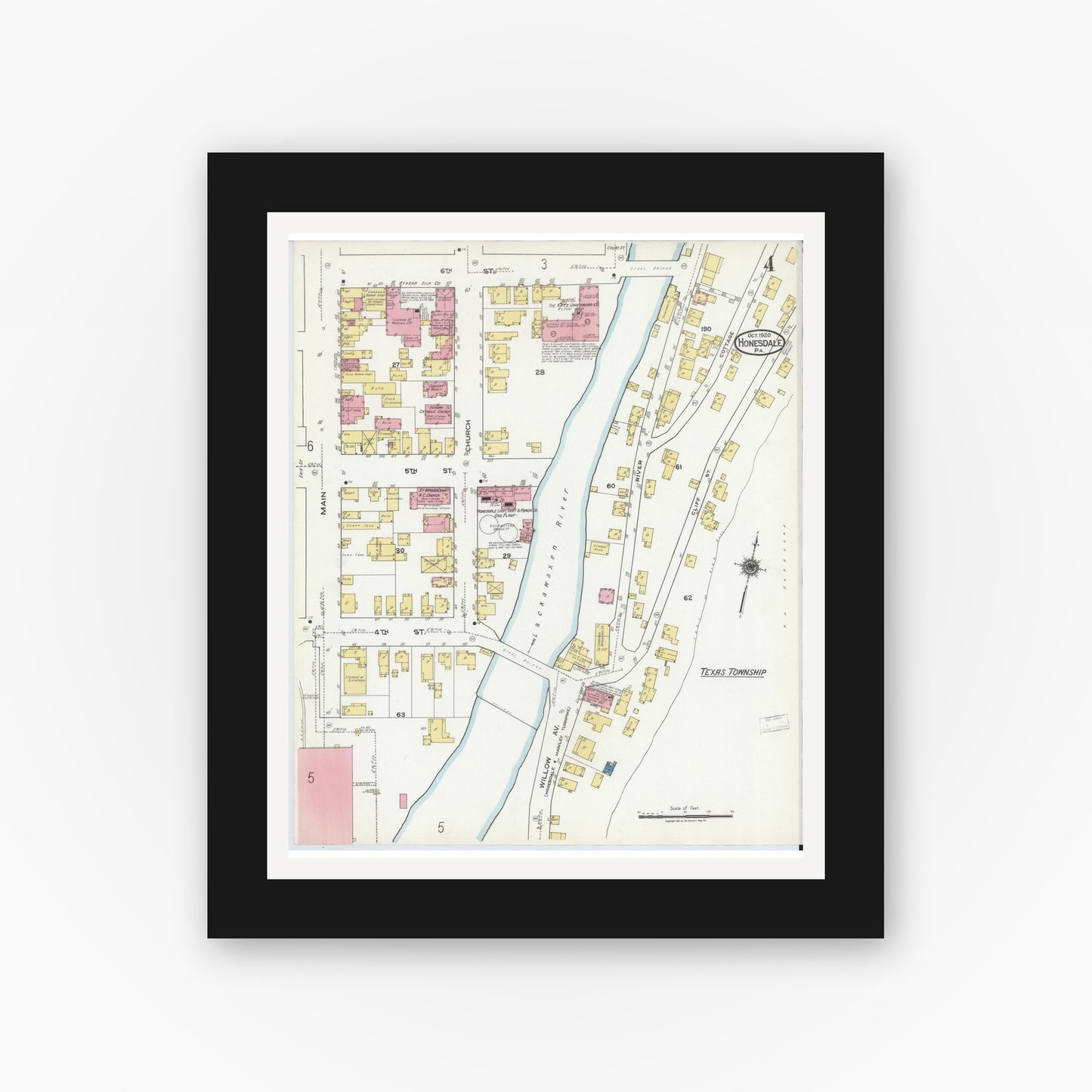 Old map wall art mockup — black gallery frame with white mat — Sanborn Fire Insurance Map from Honesdale, Wayne County, Pennsylvania (1920), Sheet #0004