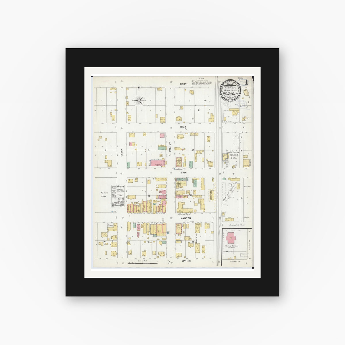 Old map wall art mockup — black gallery frame with white mat — Sanborn Fire Insurance Map from Princeville, Peoria County, Illinois (1898) - Complete Map Set
