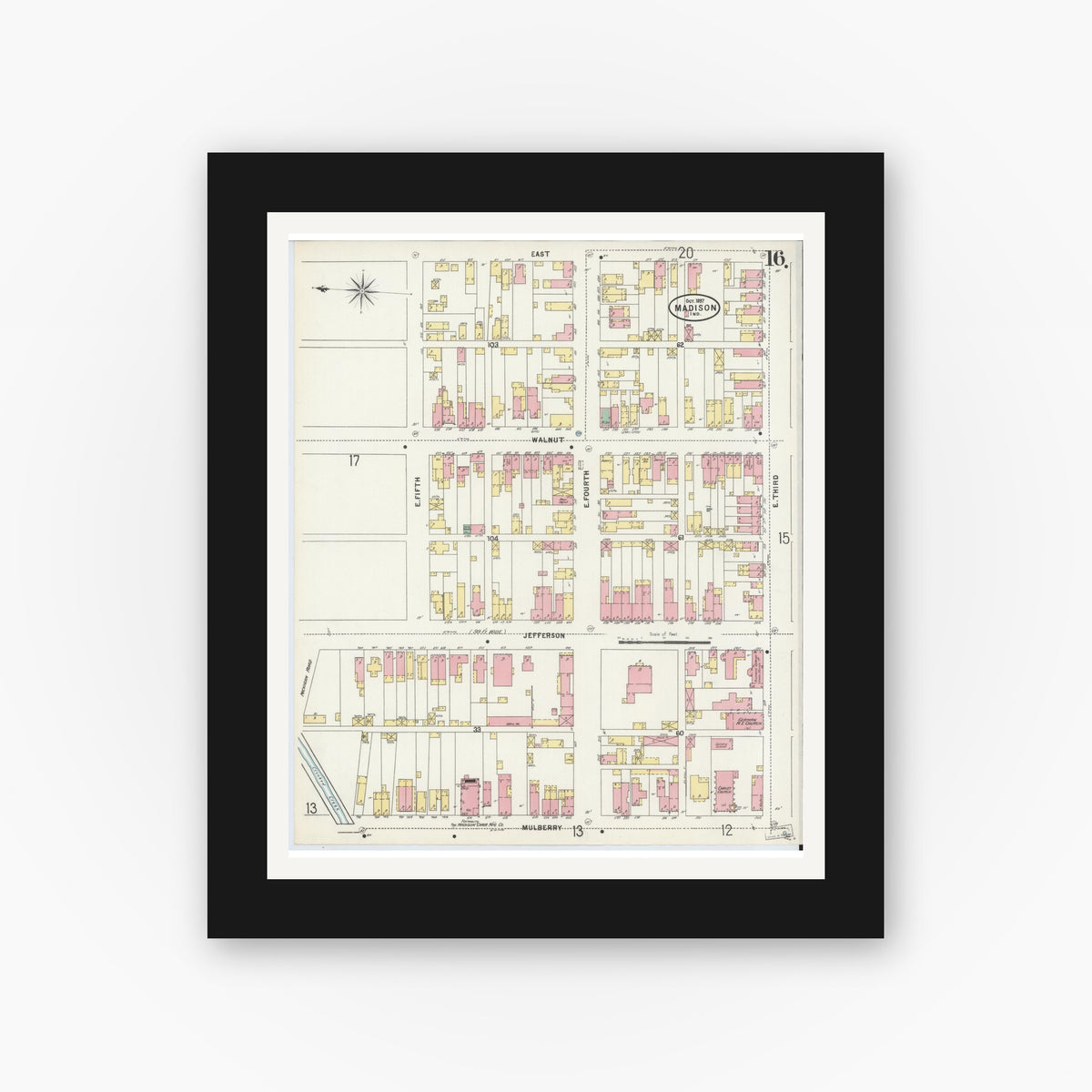 Old map wall art mockup — black gallery frame with white mat — Sanborn Fire Insurance Map from Madison, Jefferson County, Indiana (1897), Sheet #0016