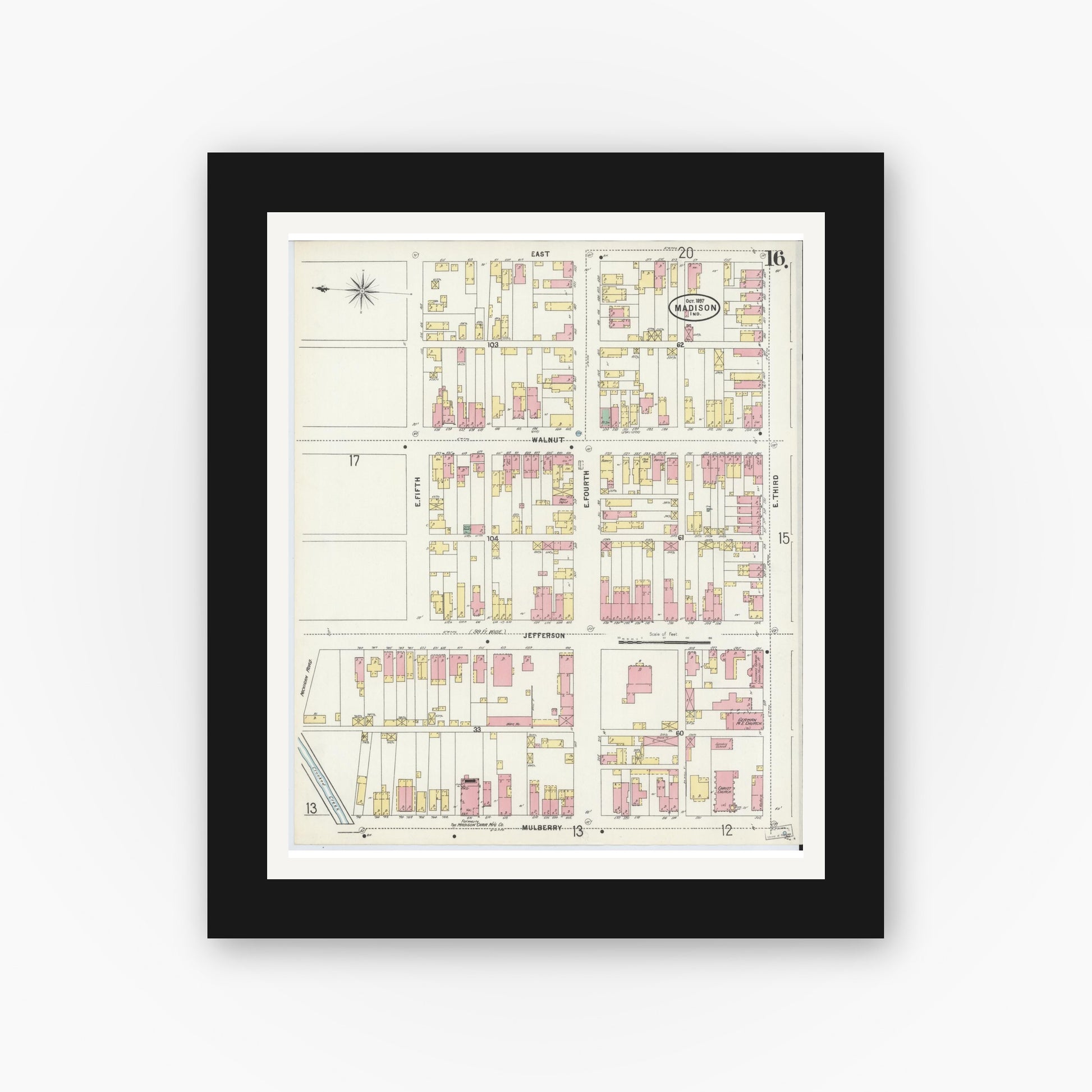 Old map wall art mockup — black gallery frame with white mat — Sanborn Fire Insurance Map from Madison, Jefferson County, Indiana (1897), Sheet #0016