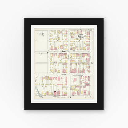 Old map wall art mockup — black gallery frame with white mat — Sanborn Fire Insurance Map from Madison, Jefferson County, Indiana (1897), Sheet #0016