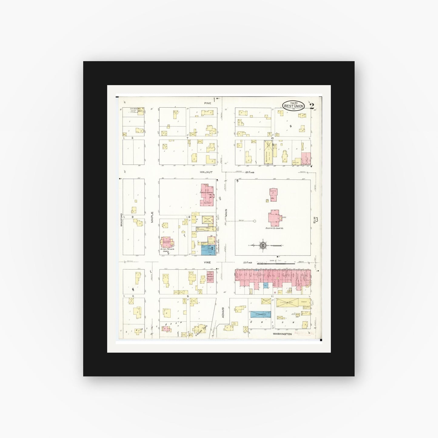 Old map wall art mockup — black gallery frame with white mat — Sanborn Fire Insurance Map from West Union, Fayette County, Iowa (1913), Sheet #0002