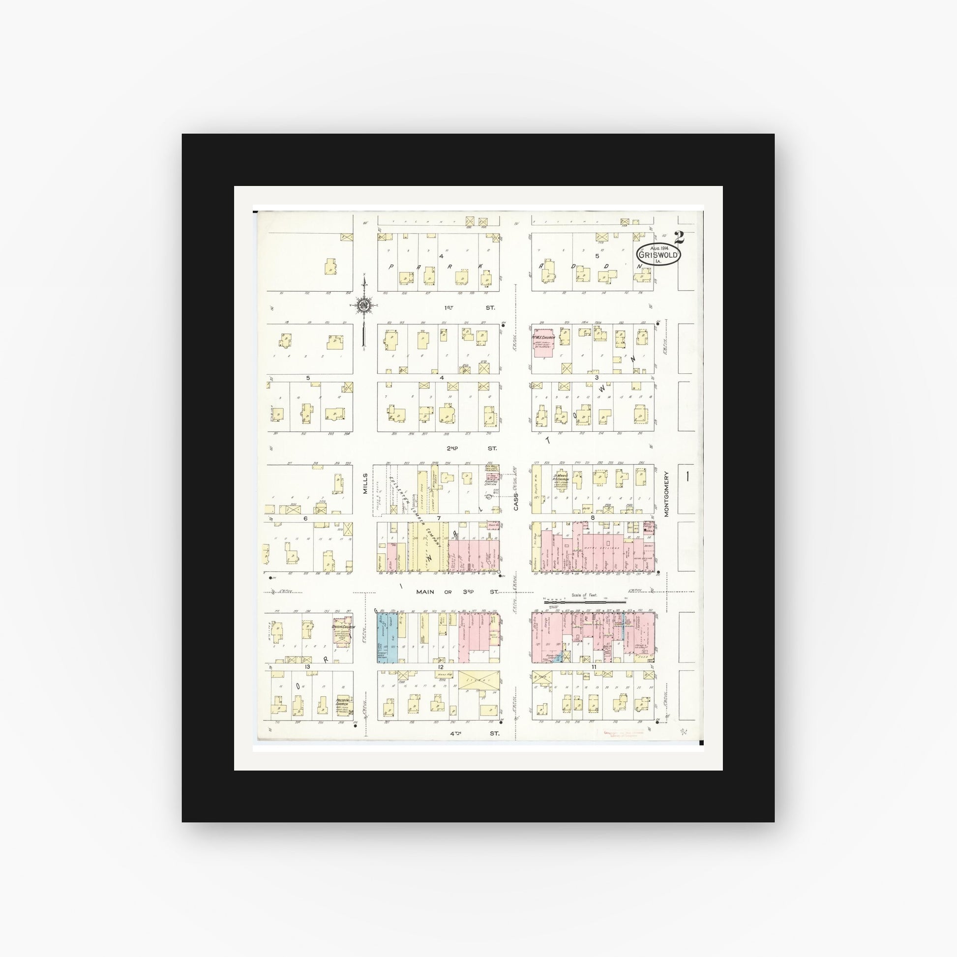 Old map wall art mockup — black gallery frame with white mat — Sanborn Fire Insurance Map from Griswold, Cass County, Iowa (1914), Sheet #0002