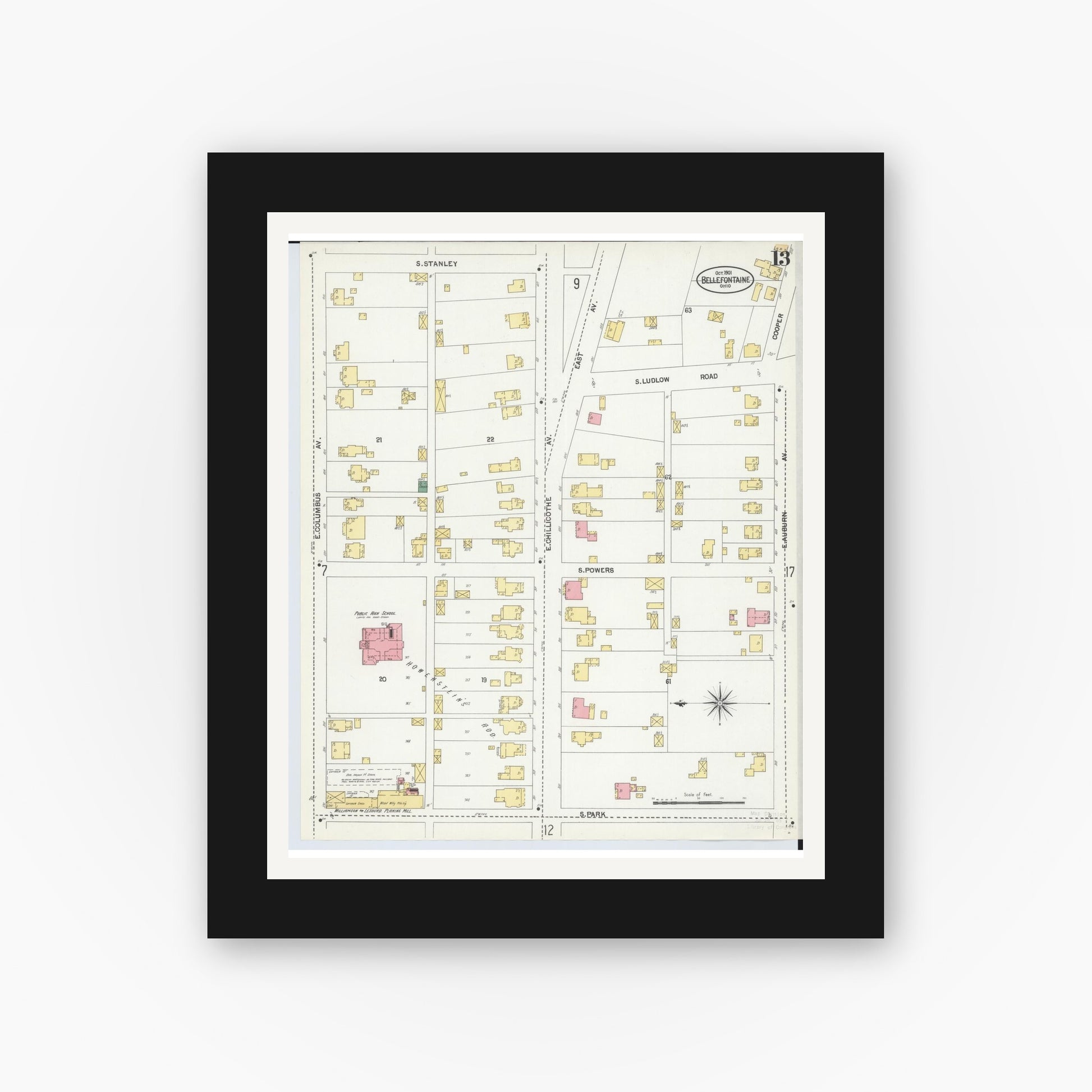 Old map wall art mockup — black gallery frame with white mat — Sanborn Fire Insurance Map from Bellefontaine, Logan County, Ohio (1901), Sheet #0013