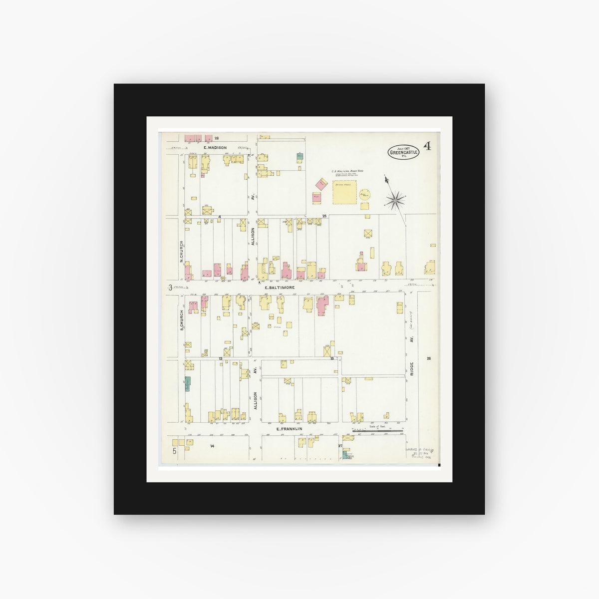 Old map wall art mockup — black gallery frame with white mat — Sanborn Fire Insurance Map from Greencastle, Franklin County, Pennsylvania (1907), Sheet #0004